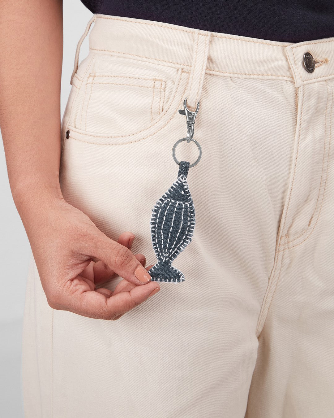 Upcycled Hand Embroidered Jeans Matsya Keychain Charm