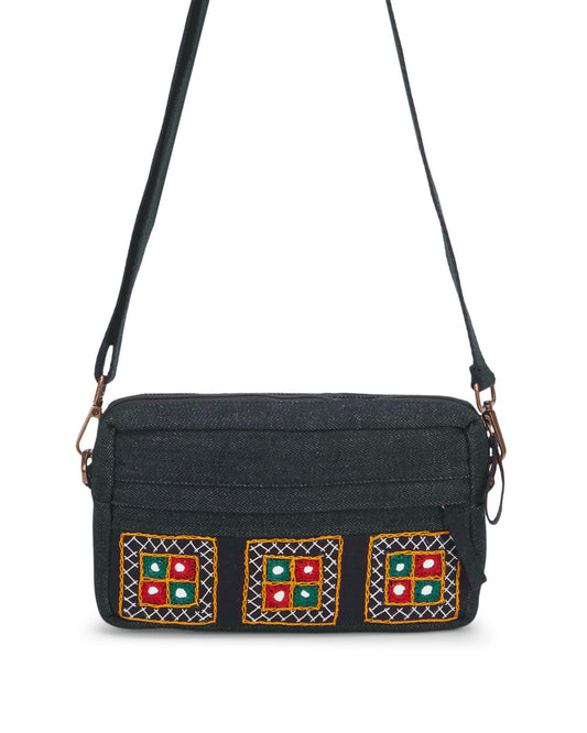 Upcycled Hand Embroidered Black Ahir 2-in-1 Wallet Sling Bag