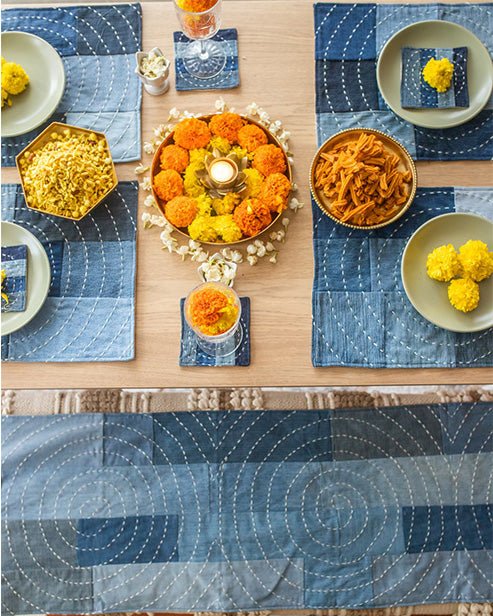 Hand embroidered Upcycled Jeans Placemats (set of 4) - Spiral - Dwij