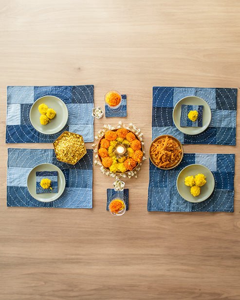 Hand embroidered Upcycled Jeans Placemats (set of 4) - Spiral - Dwij