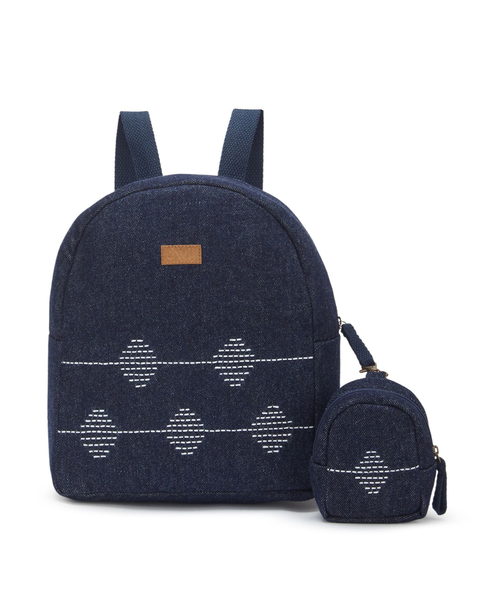 backpack mini travel bag Kantha Hand Embroidered Denim Mini Travel Backpack with pouch