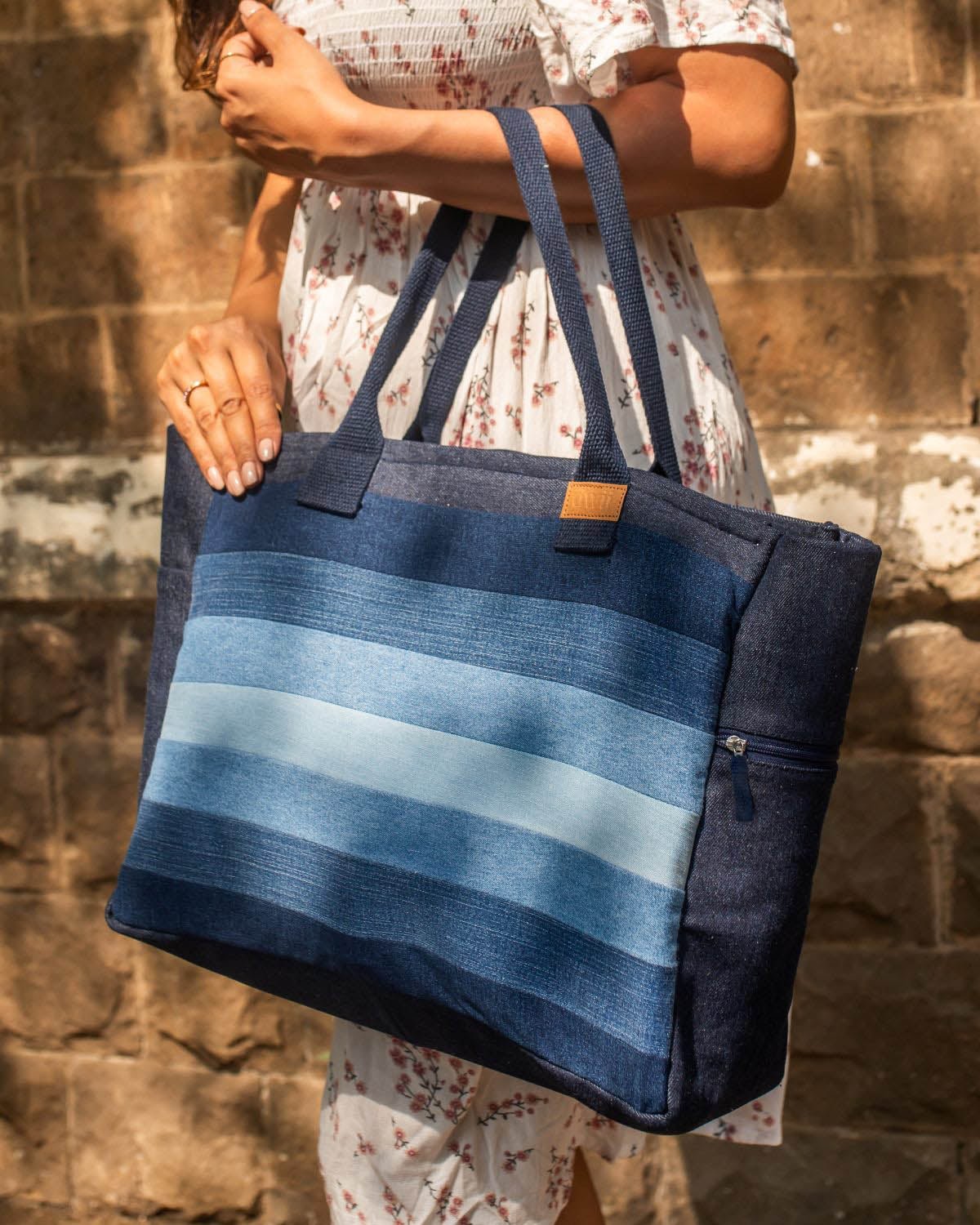 Repurposed Denim Jeans Shaded Laptop Tote - Dwij