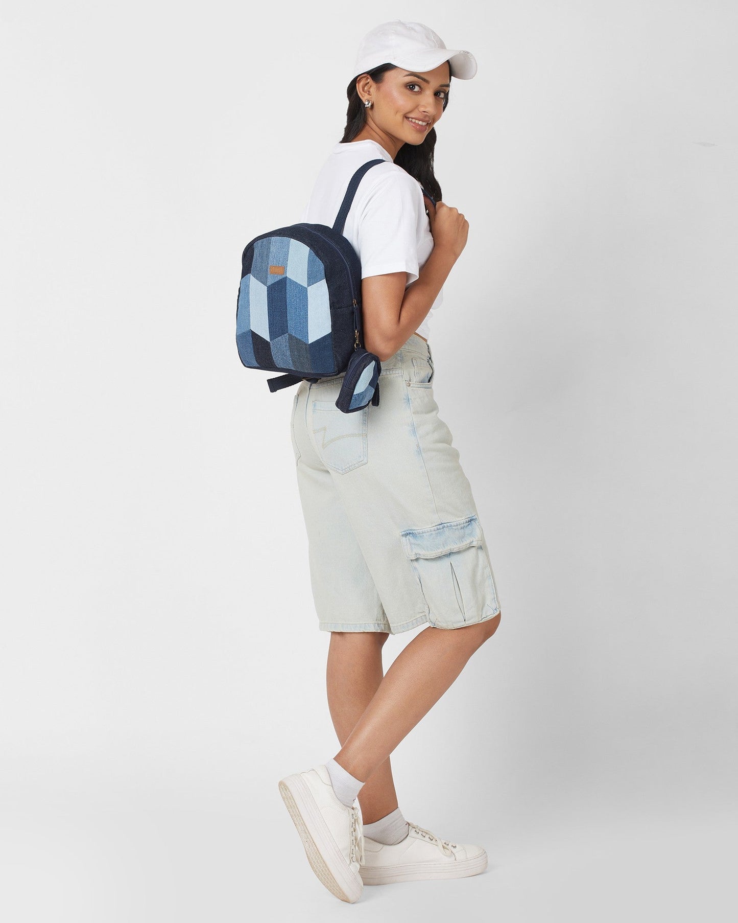 Repurposed Handcraft Denim Patched Mini Travel Backpack with pouch - Dwij -