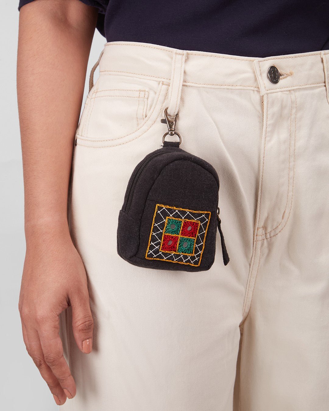 Upcycled Black Ahir Hand Embroidered Pouch - Dwij -