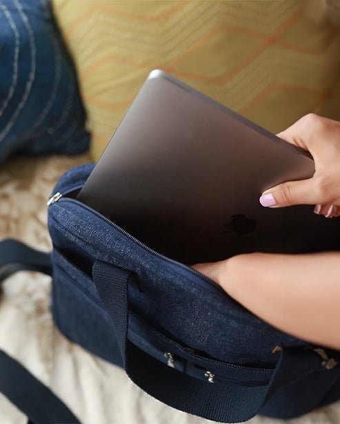 Upcycled Denim Compact Laptop Messenger Bag - Dwij