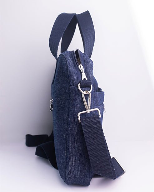 Upcycled Denim Compact Laptop Messenger Bag - Dwij