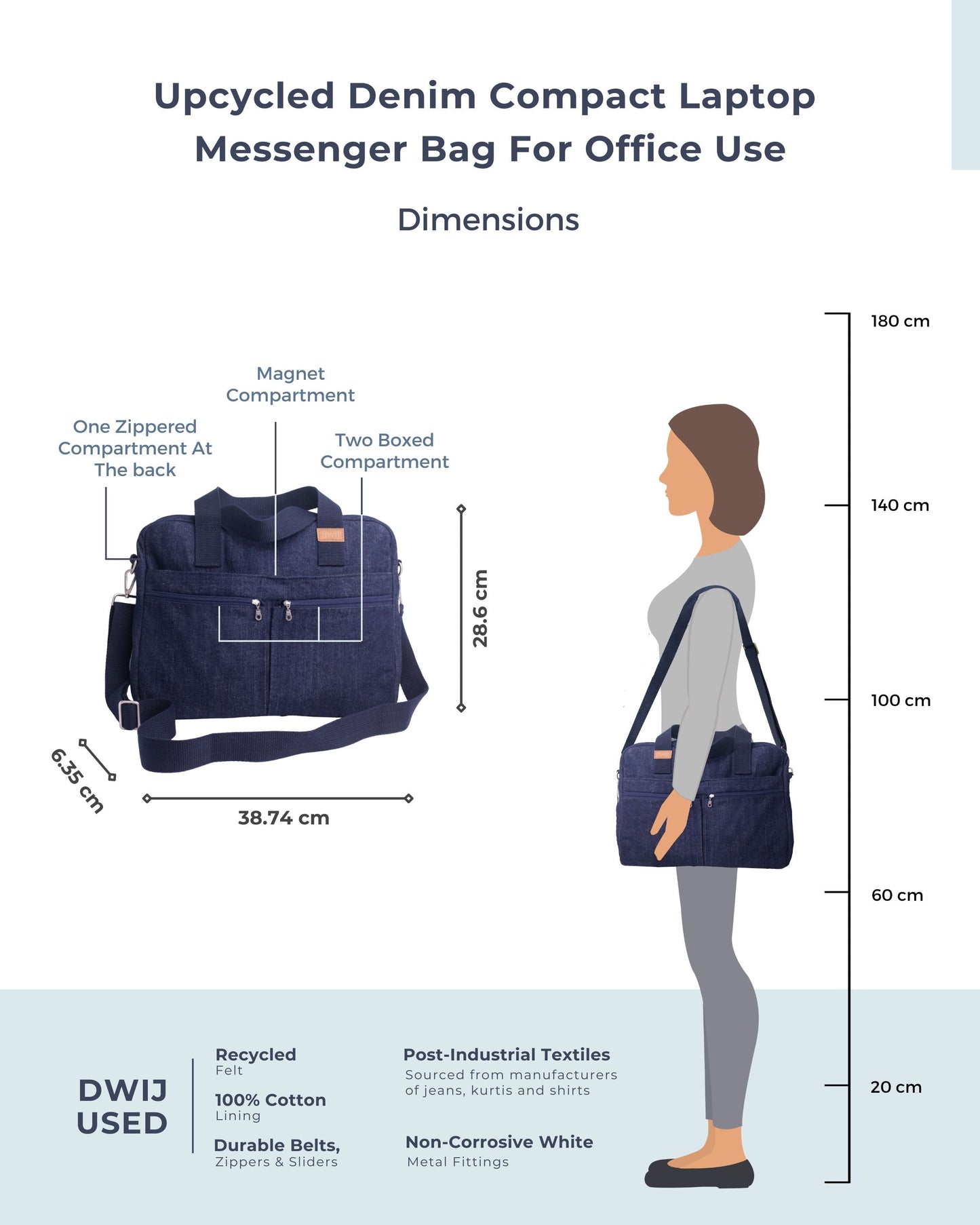 Upcycled Denim Compact Laptop Messenger Bag - Dwij -