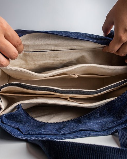 Upcycled Denim Dual Usage Tote Bag with removable insert - Dwij
