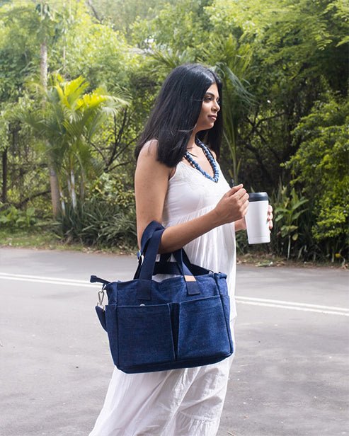 Upcycled Denim Dual Usage Tote Bag with removable insert - Dwij