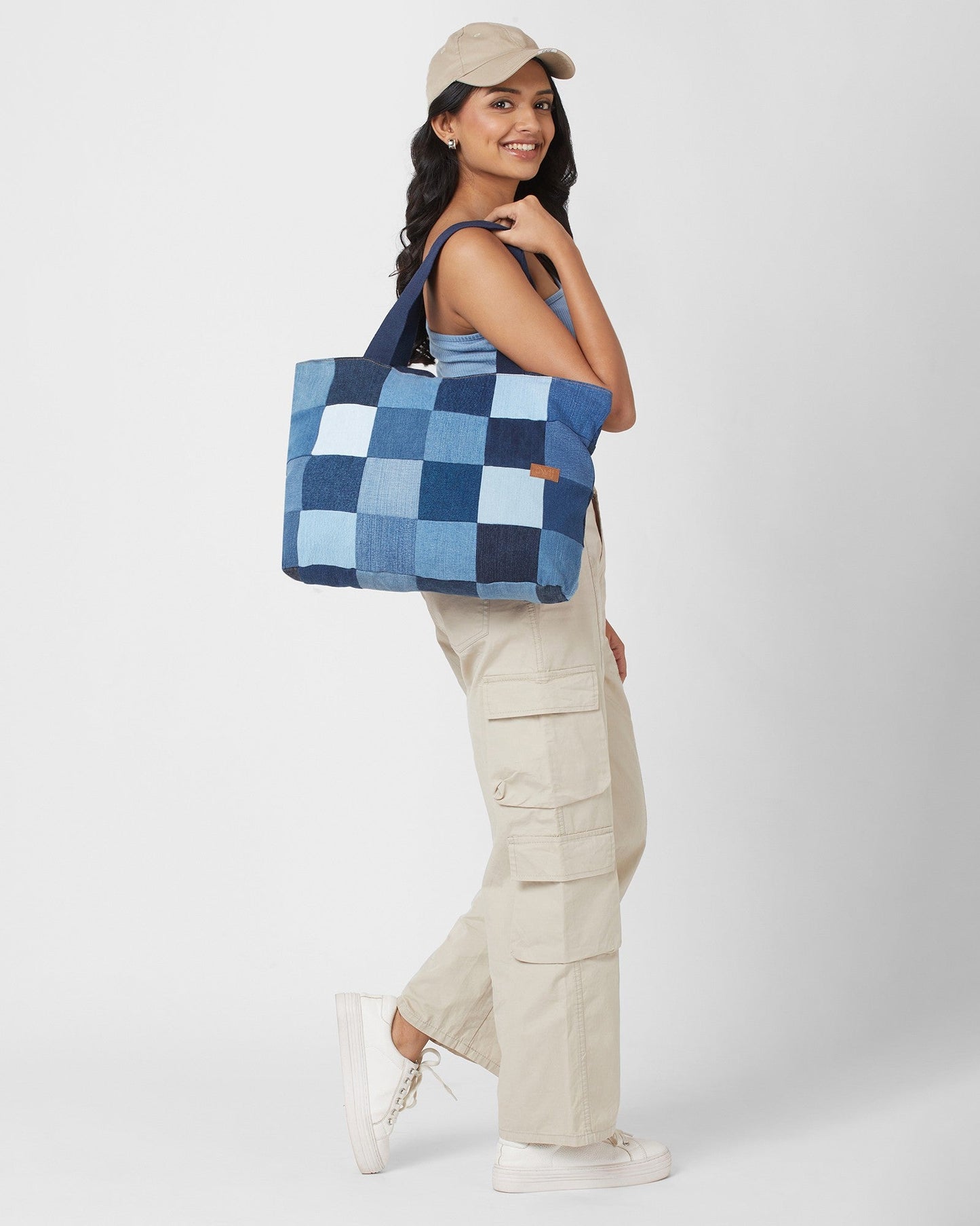 Upcycled Denim Jeans Blue Chequered Tote Bag Dark - Dwij -