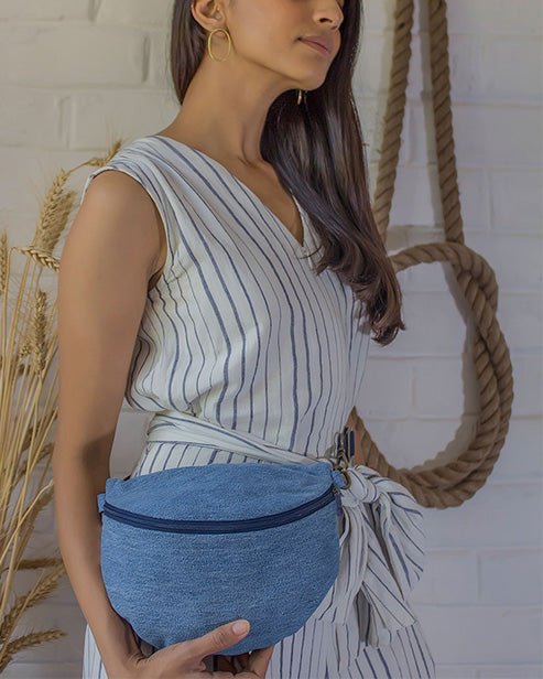 Upcycled Denim Jeans Fanny pack/Waist Pouch Light Blue Sling Bag - Dwij