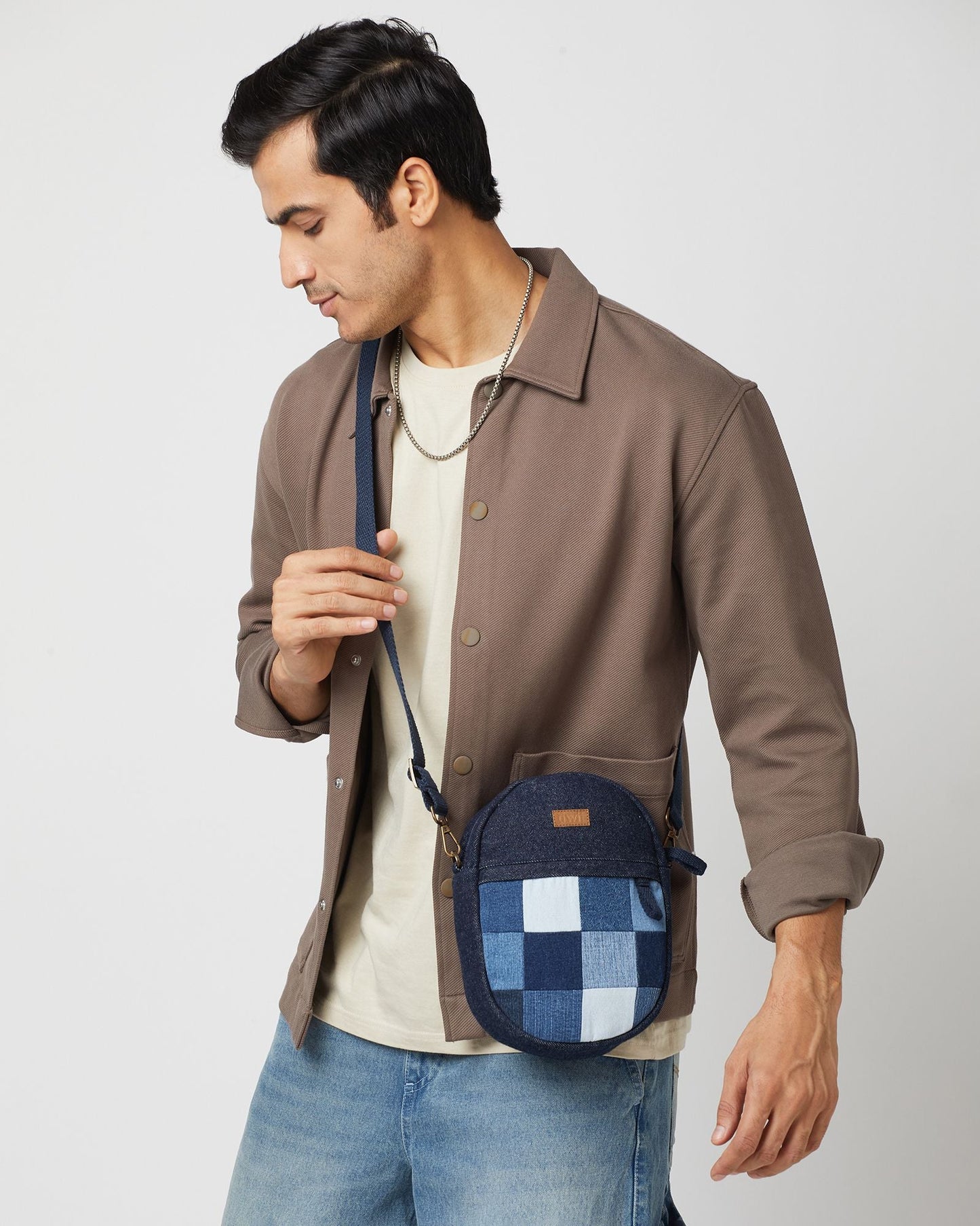 Upcycled Denim Jeans Patched Oval Fanny pack (two way bag) - Dwij -