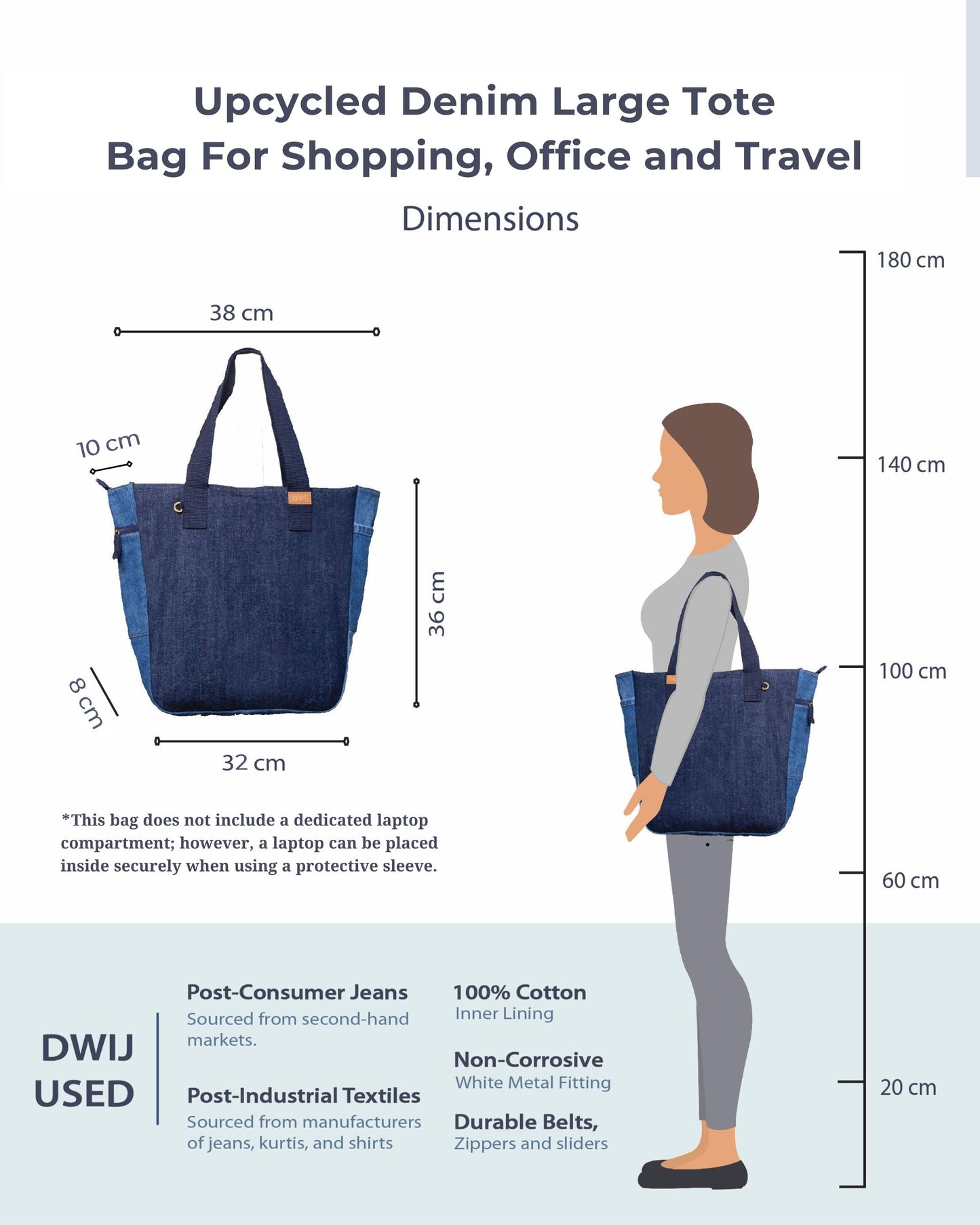 Upcycled Denim Large Tote Bag - Dwij -