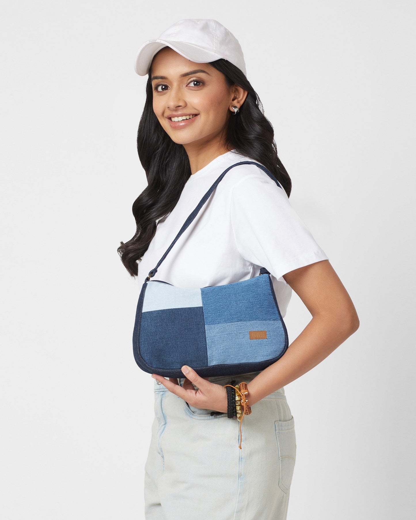 Upcycled Eco Friendly Denim Jeans Mosaic Baguette Bag - Dwij -