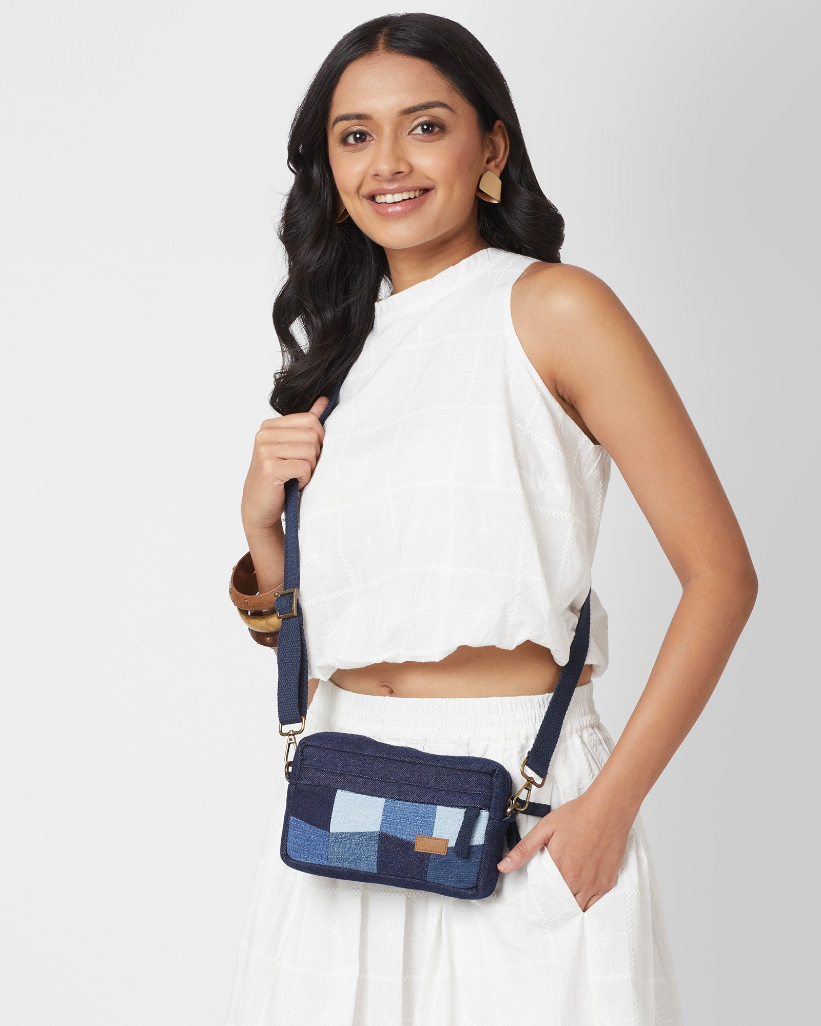 Upcycled Eco Friendly denim Patched Wallet cum Sling Bag - Dwij -