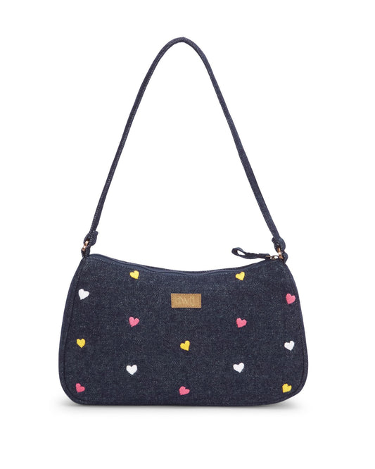 Upcycled Hand Embroidered Heart Denim Baguette Bag (Large) - Dwij -