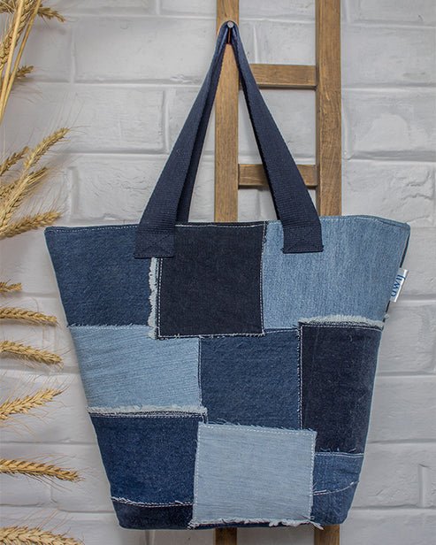 Upcycled Handcrafted Denim Jeans Blue Patched Tote Bag Dwij