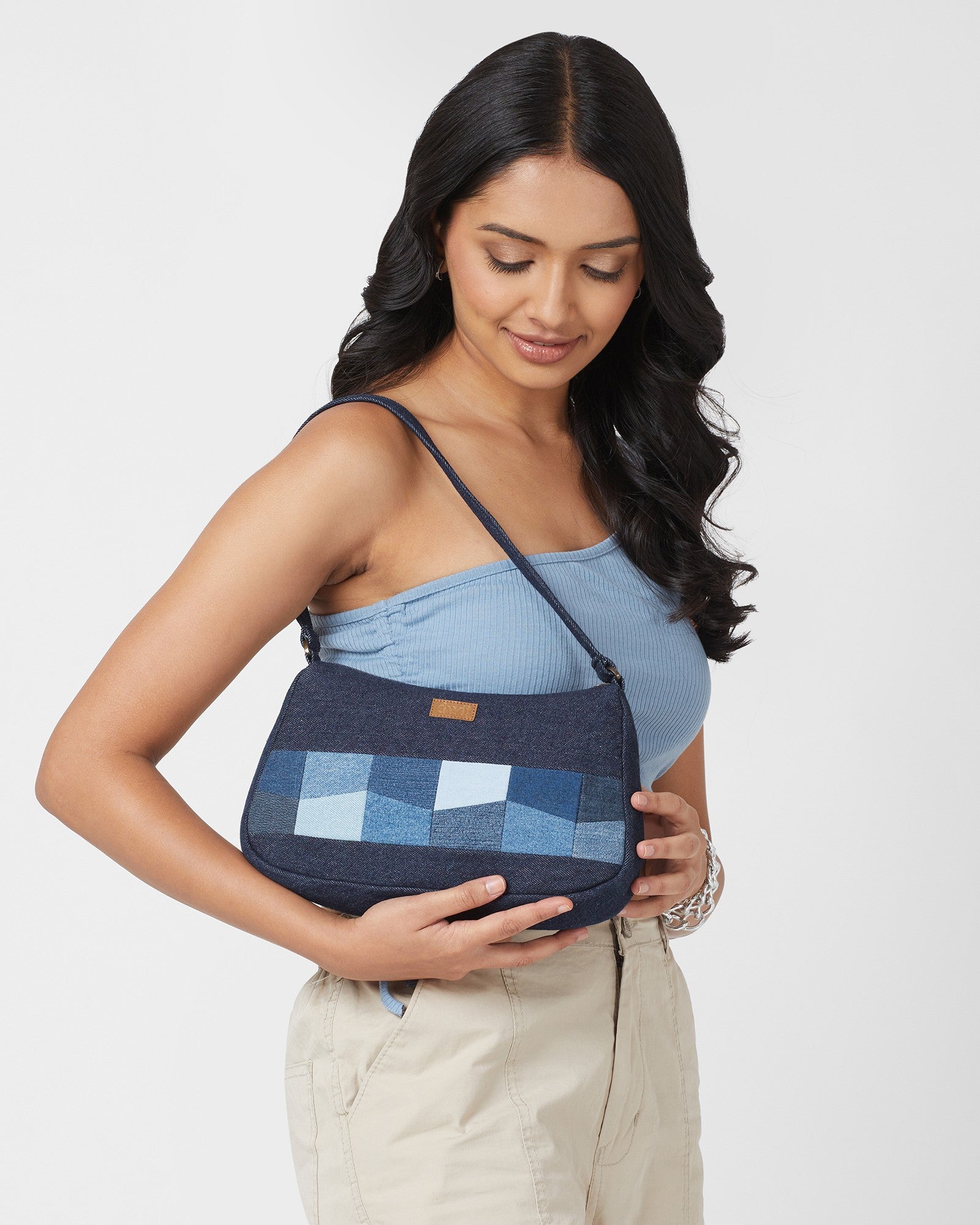 Upcycled Handcrafted Denim Jeans Patched Baguette Bag - Dwij -