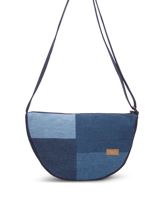 Upcycled Handcrafted Unisex Denim Jeans Patched Crescent Sling Bag - Dwij -