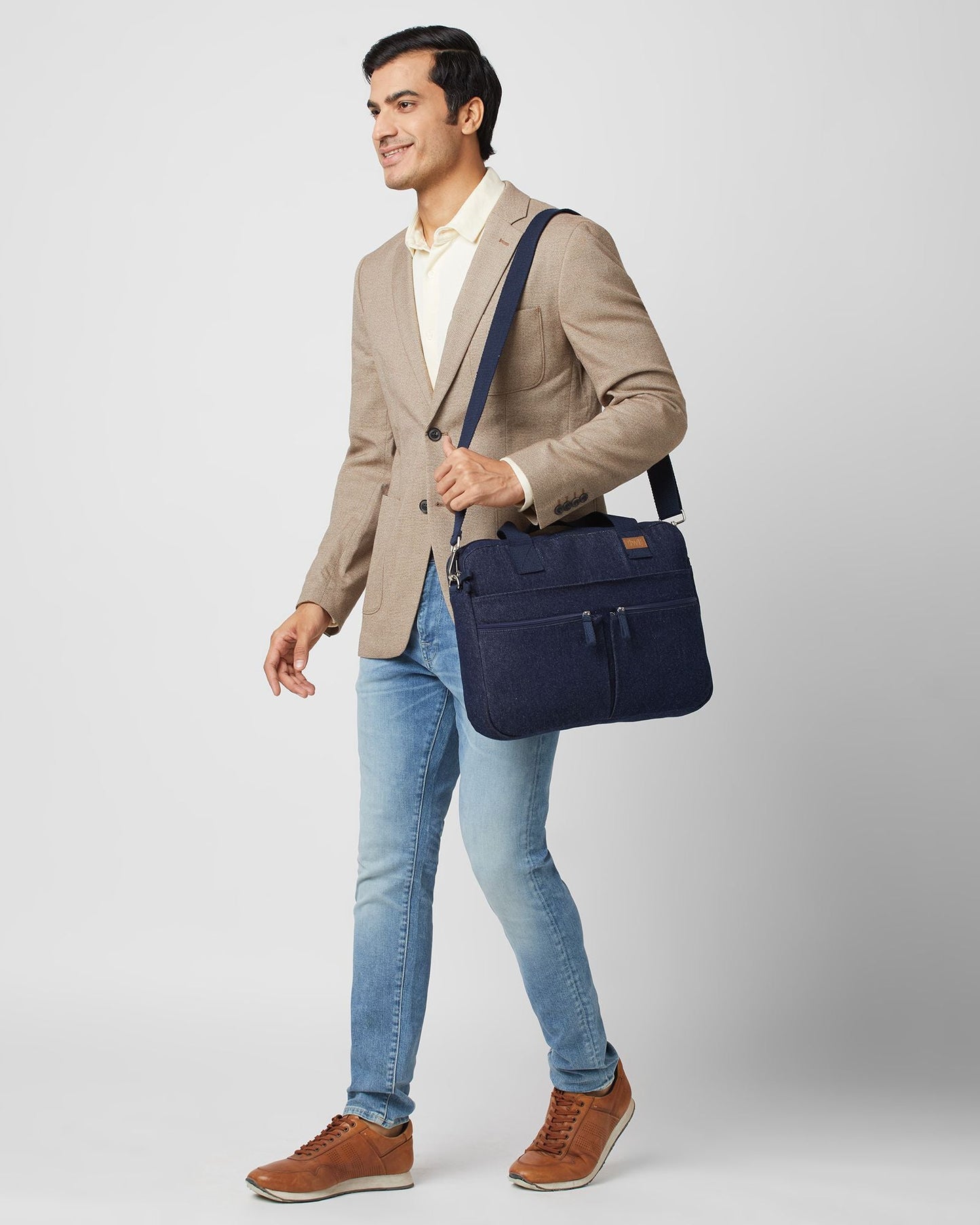 Upcycled Unisex Denim Compact Laptop Messenger Bag (Large) - Dwij -
