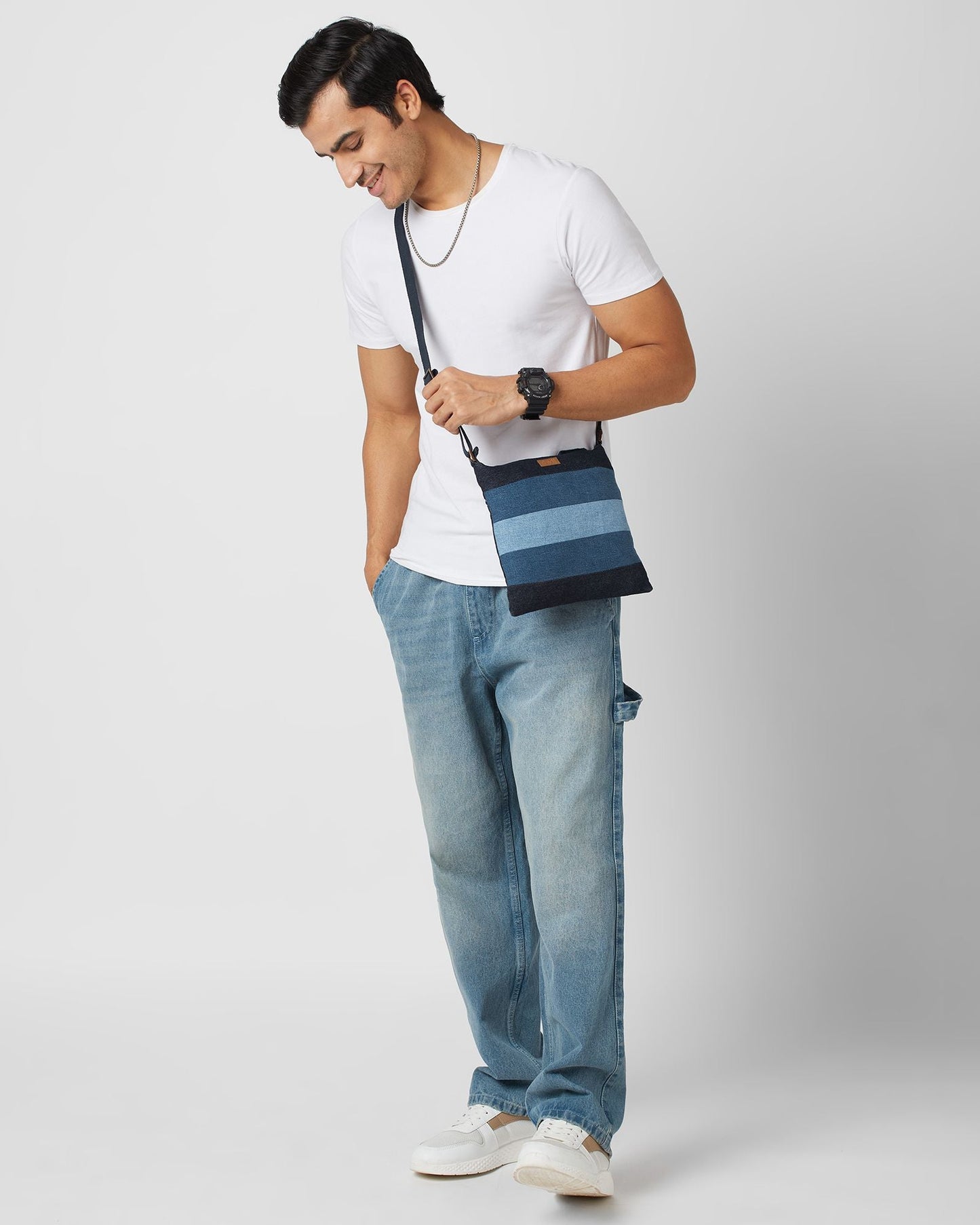 Upcycled Unisex Denim Jeans Crossbody Striped Sling Bag - Dwij -