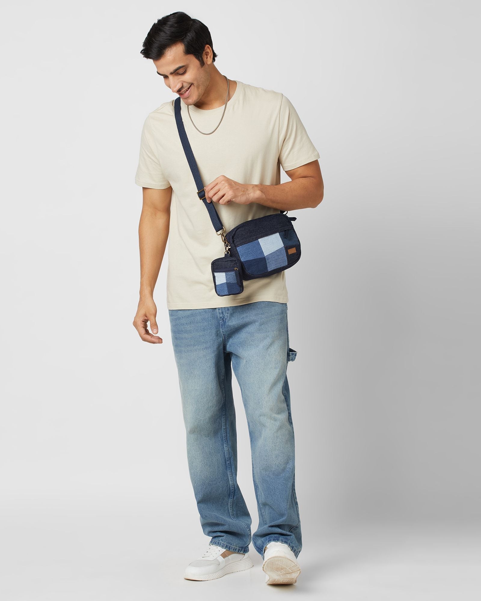Upcycled Unisex Patched Denim Crossbody Sling with pouch - Dwij -