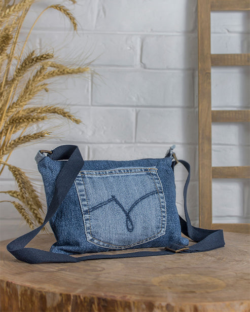 Upcycled Denim Jeans Crossbody Pace Sling bag (Medium Dark blue)