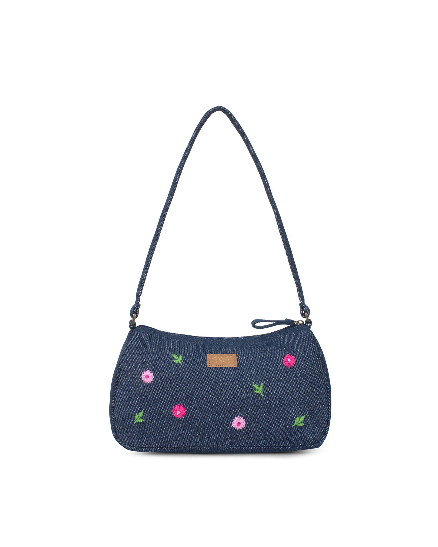 Upcycled Hand Embroidered Daisy Denim Baguette Bag (Small)