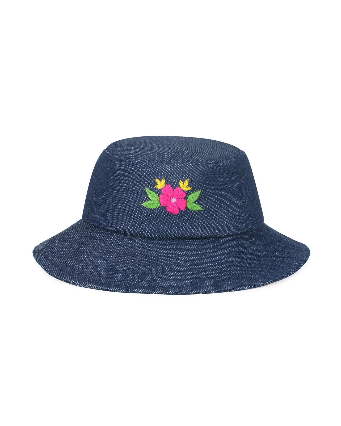 Upcycled Denim Hand Flower Embroidered Bucket Woman Hat