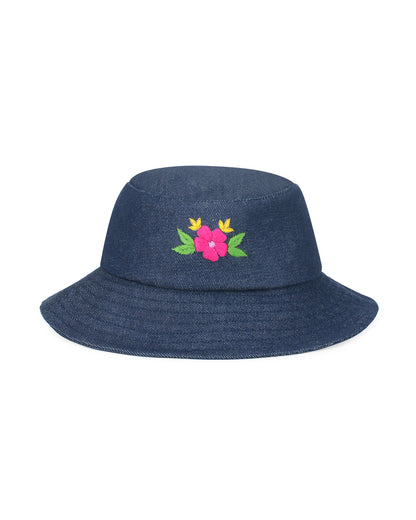 Upcycled Denim Hand Flower Embroidered Bucket Woman Hat