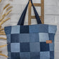 Upcycled Denim Jeans Blue Chequered Tote Bag Dark