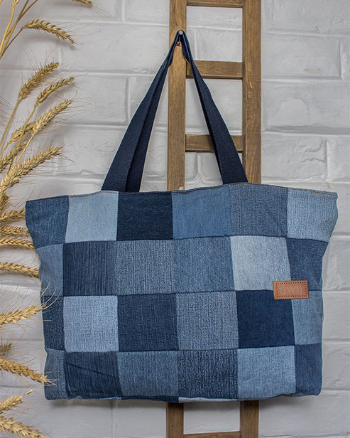 Upcycled Denim Jeans Blue Chequered Tote Bag Dark