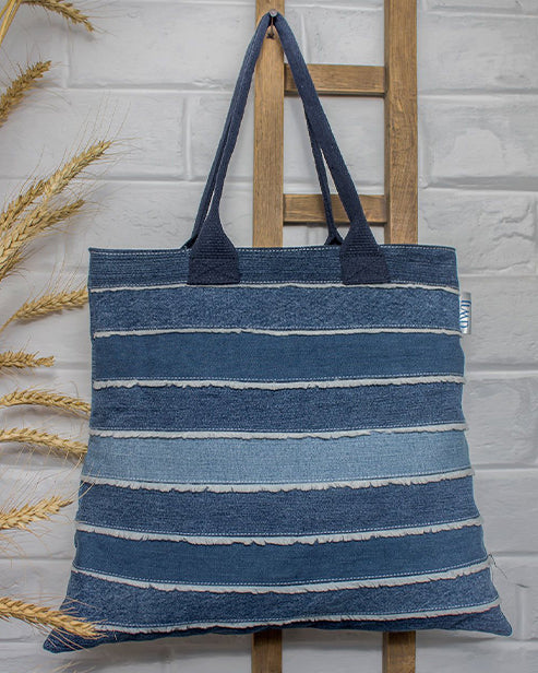 Upcycled Handcrafted Denim Jeans Blue Shaded Frayed Tote Bag