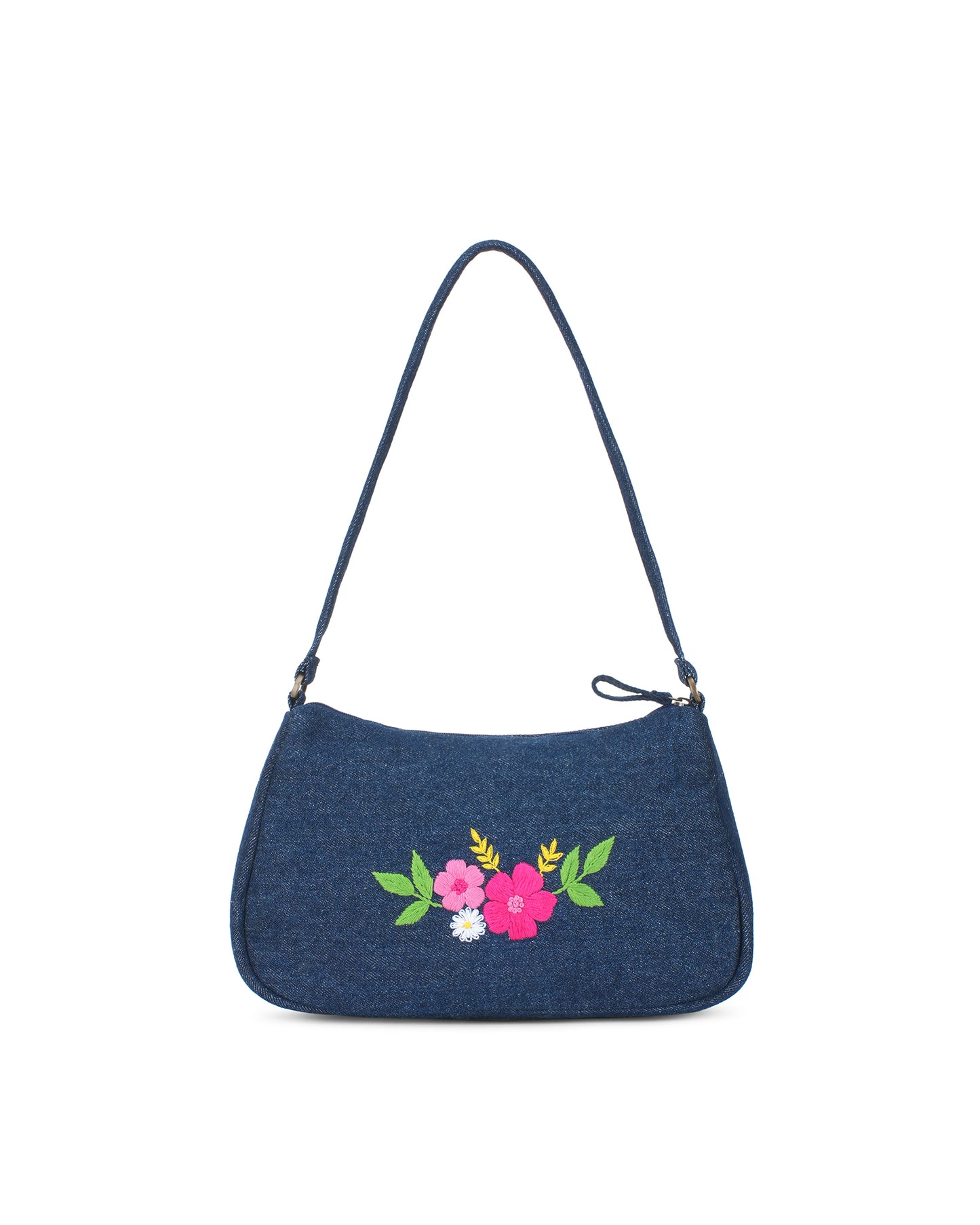 Upcycled Hand Embroidered Flower Denim Baguette Bag (Large)