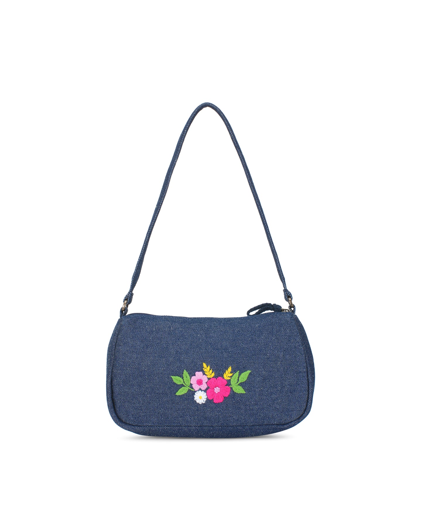 Upcycled Hand Embroidered Flower Denim Baguette Bag (Small)