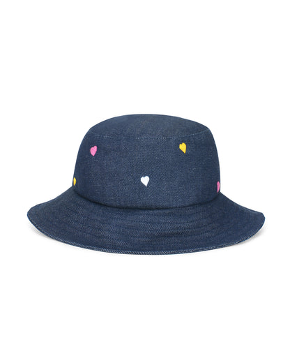 Upcycled Denim Hand Heart Embroidered Bucket Woman Hat