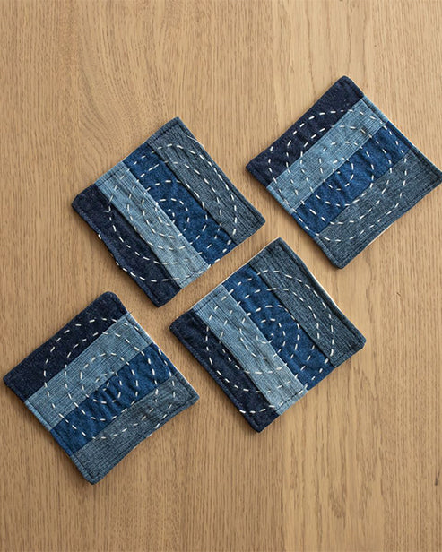 Hand embroidered Upcycled Jeans Coasters (set of 4)- Spiral