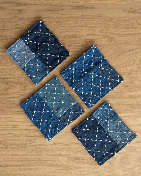 Hand embroidered Upcycled Jeans Coasters (set of 4)- Criss cross