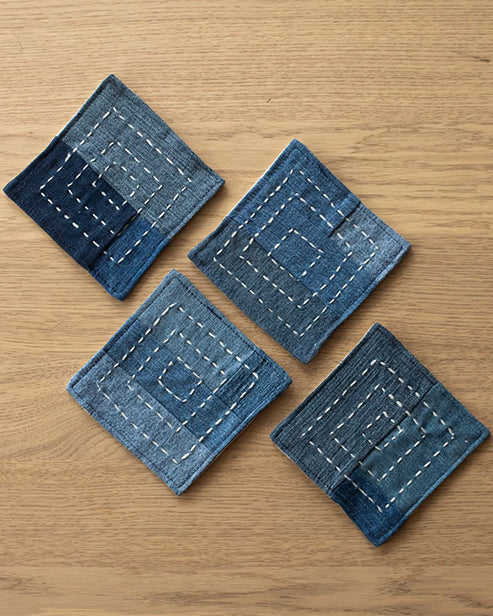 Hand embroidered Upcycled Jeans Coasters (set of 4)- Boxed