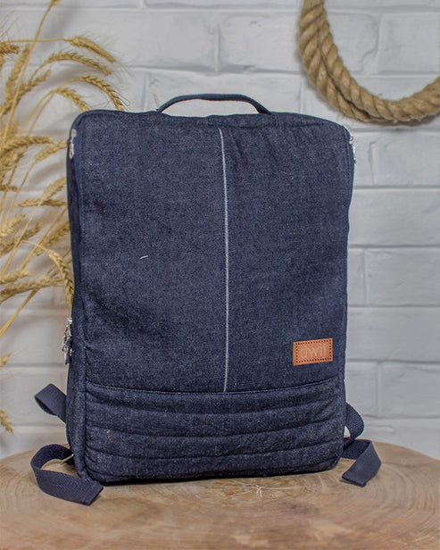 Upcycled Handcrafted Denim Jeans Blue Unisex Office Travel Backpack