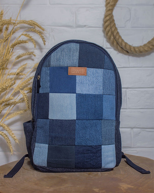 Upcycled Handcrafted Blue Random Denim & Felt Travel Backpack