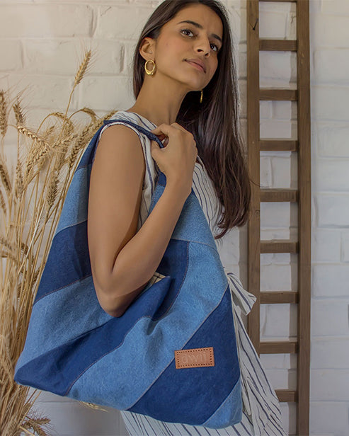 Upcycled Handcrafted Denim Jeans Blue Bento Tote Bag