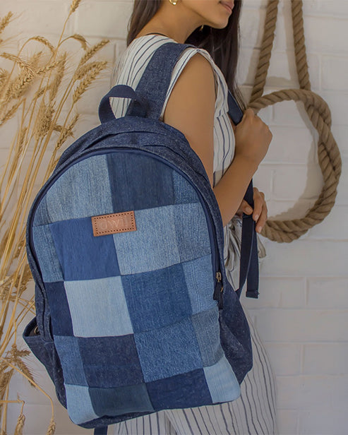 Upcycled Handcrafted Blue Random Denim & Felt Travel Backpack