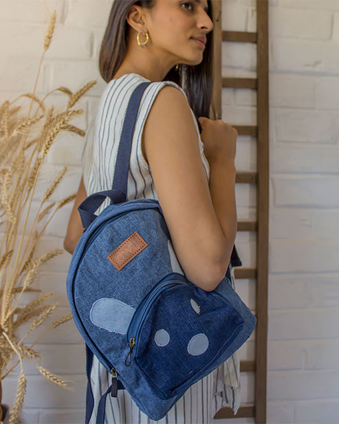 Upcycled Handcrafted Denim Jeans Mini Travel Backpack Bag