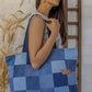 Upcycled Denim Jeans Blue Chequered Tote Bag Dark