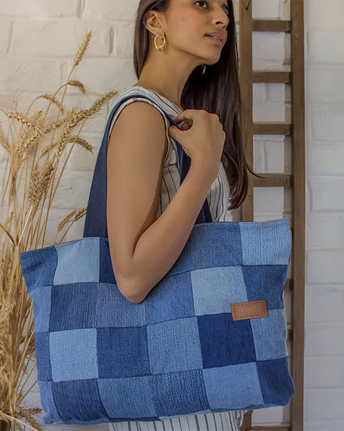 Upcycled Denim Jeans Blue Chequered Tote Bag Dark