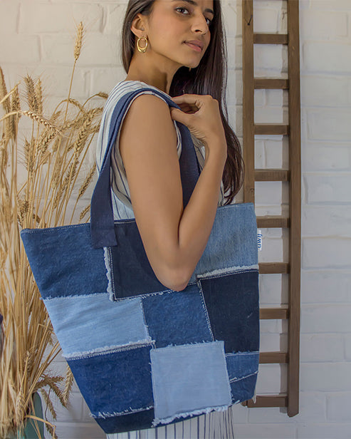 Upcycled Handcrafted Denim Jeans Blue Patched Tote Bag