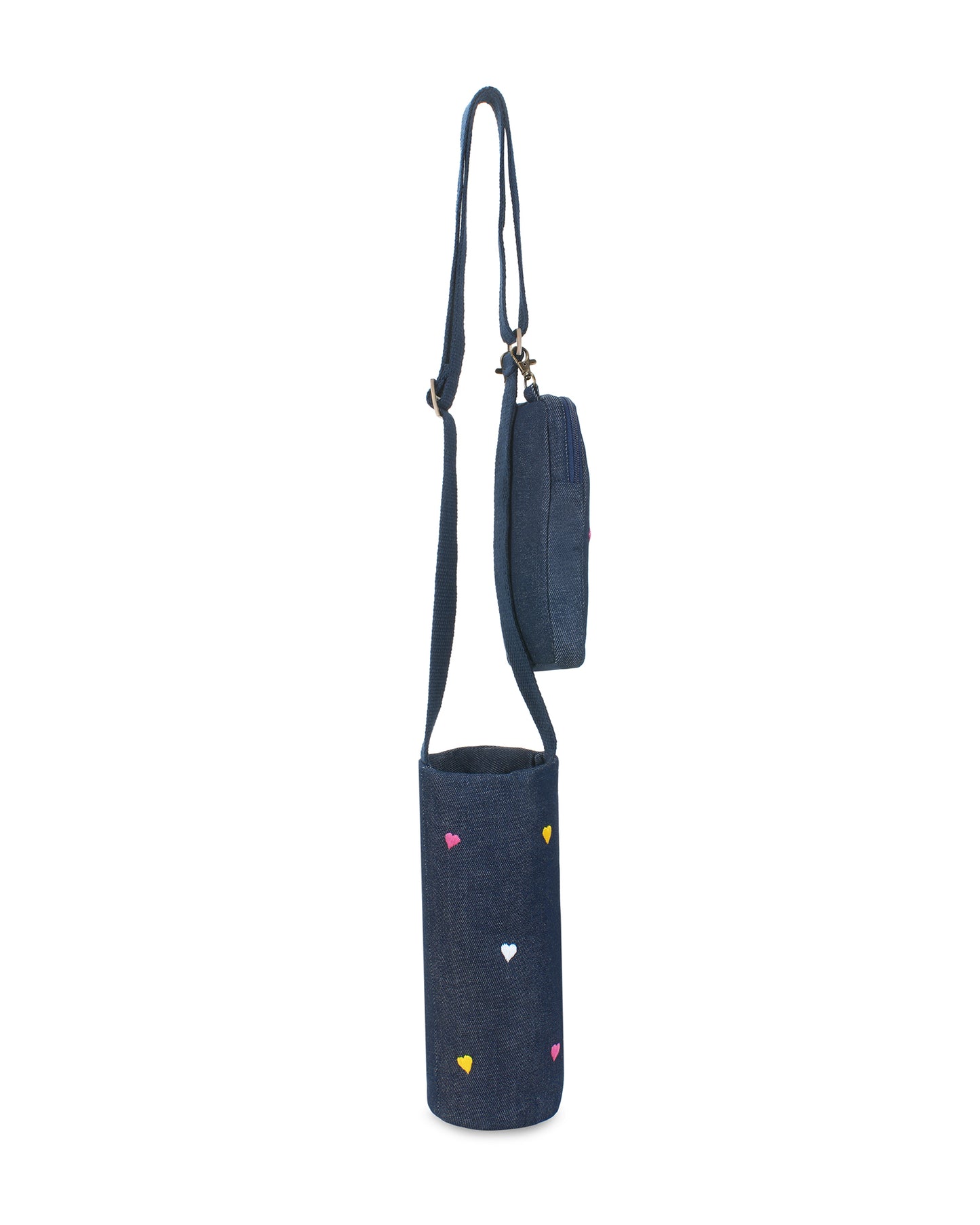 Upcycled Hand Heart Embroidered Bottle Holder Bag With Mobile Sling