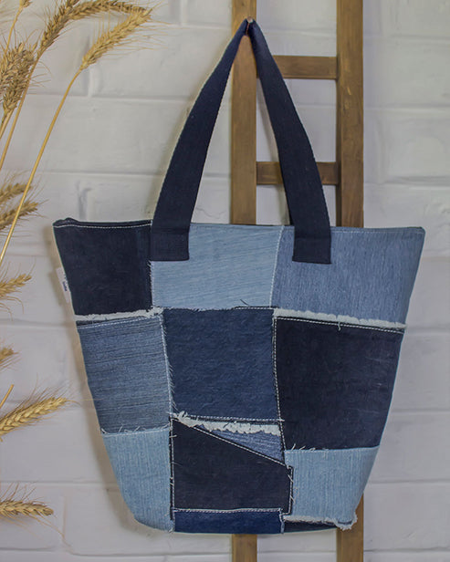 Upcycled Handcrafted Denim Jeans Blue Patched Tote Bag