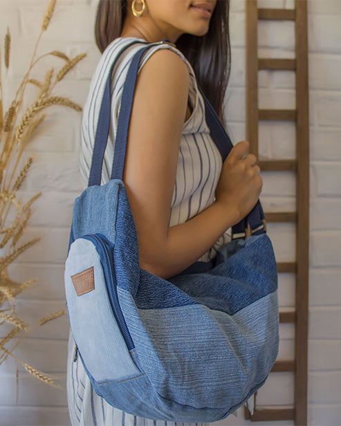 Upcycled Handcrafted Denim Jeans Blue Convertible Tote Bag